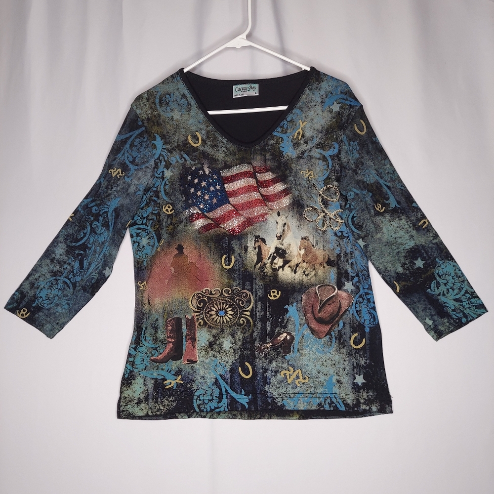 Cactus Bay Top Women Large Sequin USA Flag Patriotic Stripes Cowboy Horses Y2K
